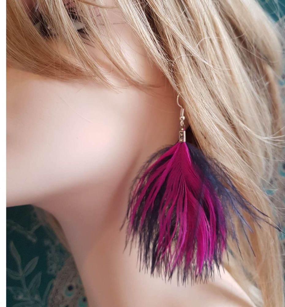 Navy Blue and Shocking Pink Ostrich Feather Earrings