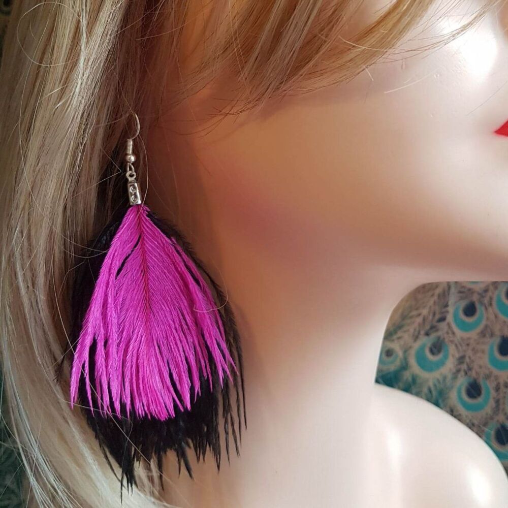 Black and Shocking Pink Ostrich Feather Earrings
