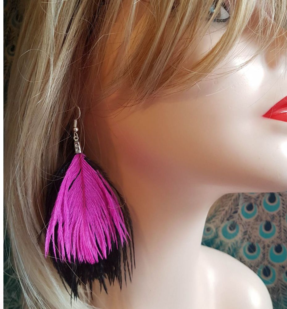 Black and Shocking Pink Ostrich Feather Earrings