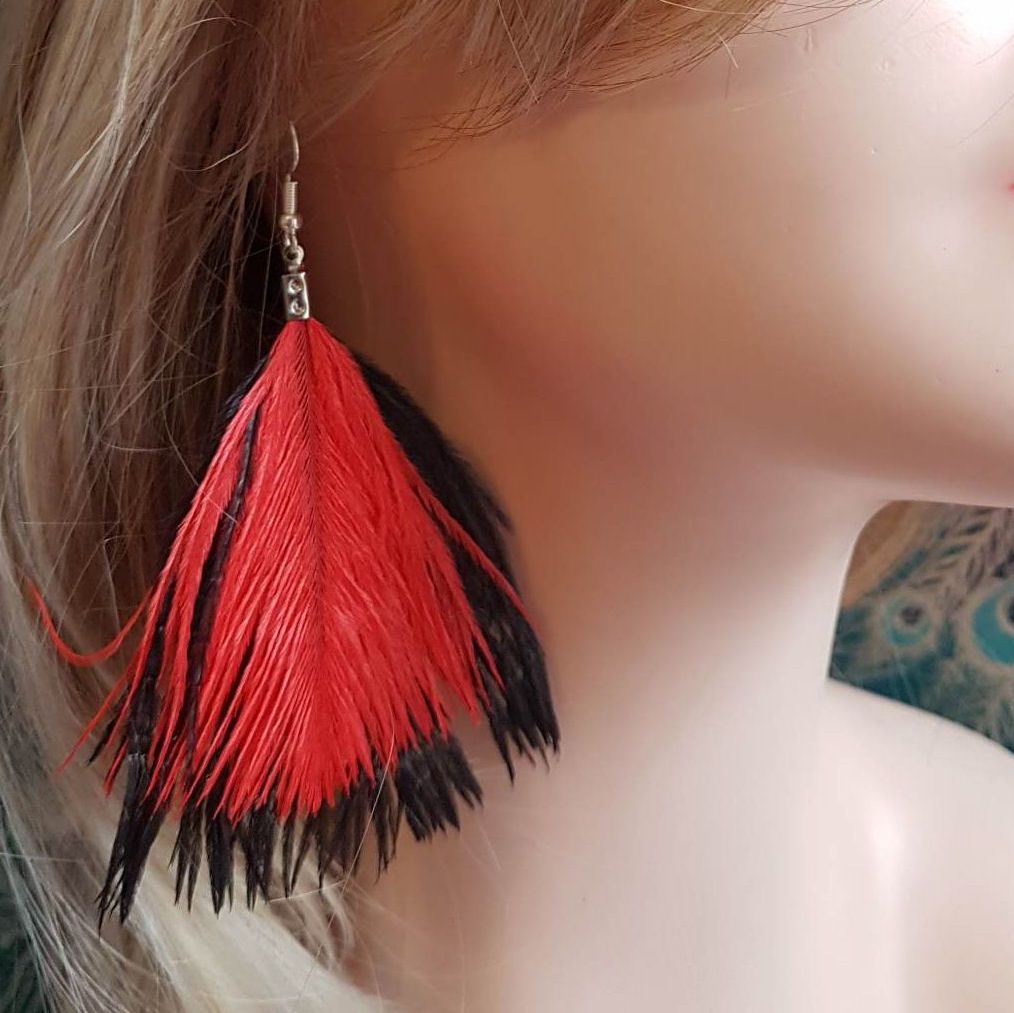 Black and Red Ostrich Feather Earrings