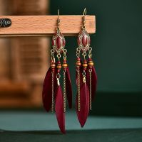Burgundy and Gold Feather Earrings with Beaded Tribal Detail
