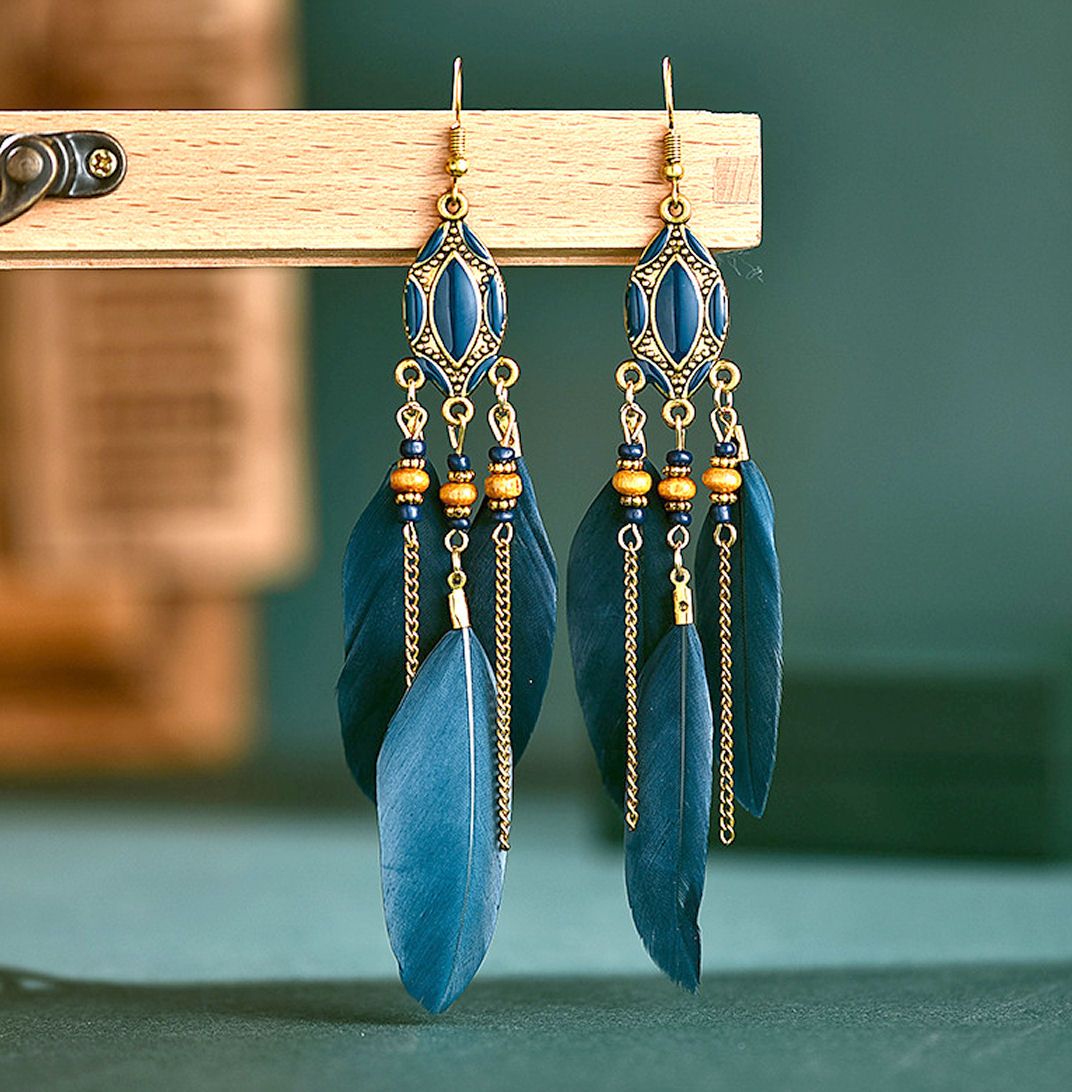 Dusky Country Blue and Gold Feather Earrings with Beads, Chain and Pendant
