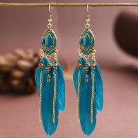 Green Teal and Gold Feather Earrings with Beaded Tribal Detail