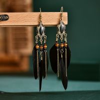Black and Gold Feather Earrings with Beads, Chain and Pendant