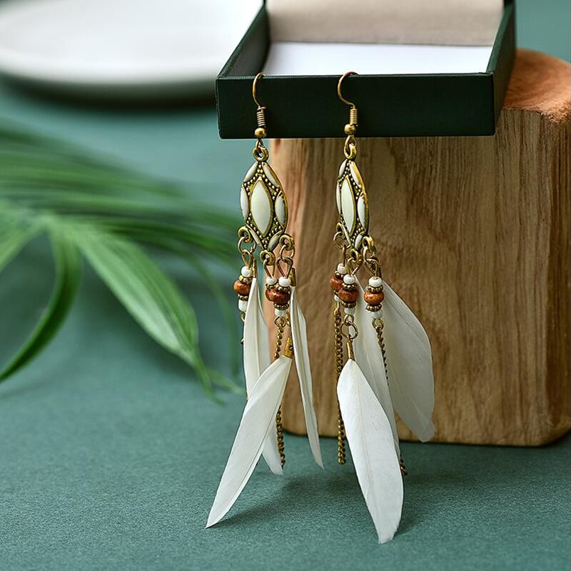White with Gold Feather Earrings with Beads, Chain and Pendant
