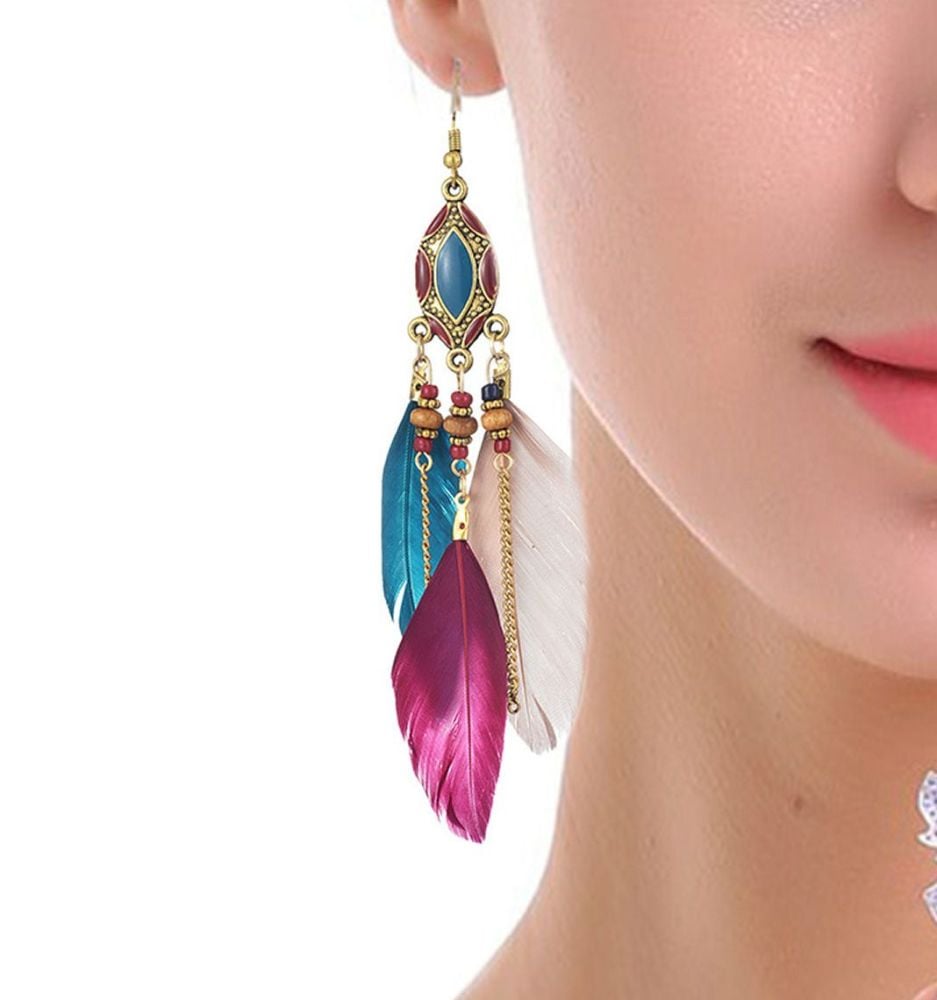 Green Teal, Burgundy and Rose Pink and Gold Feather Earrings