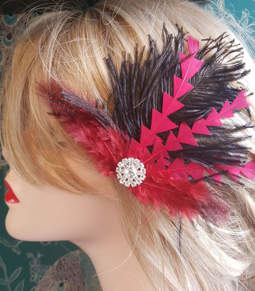 Dark Red, Red and Black Feather Hair Clip