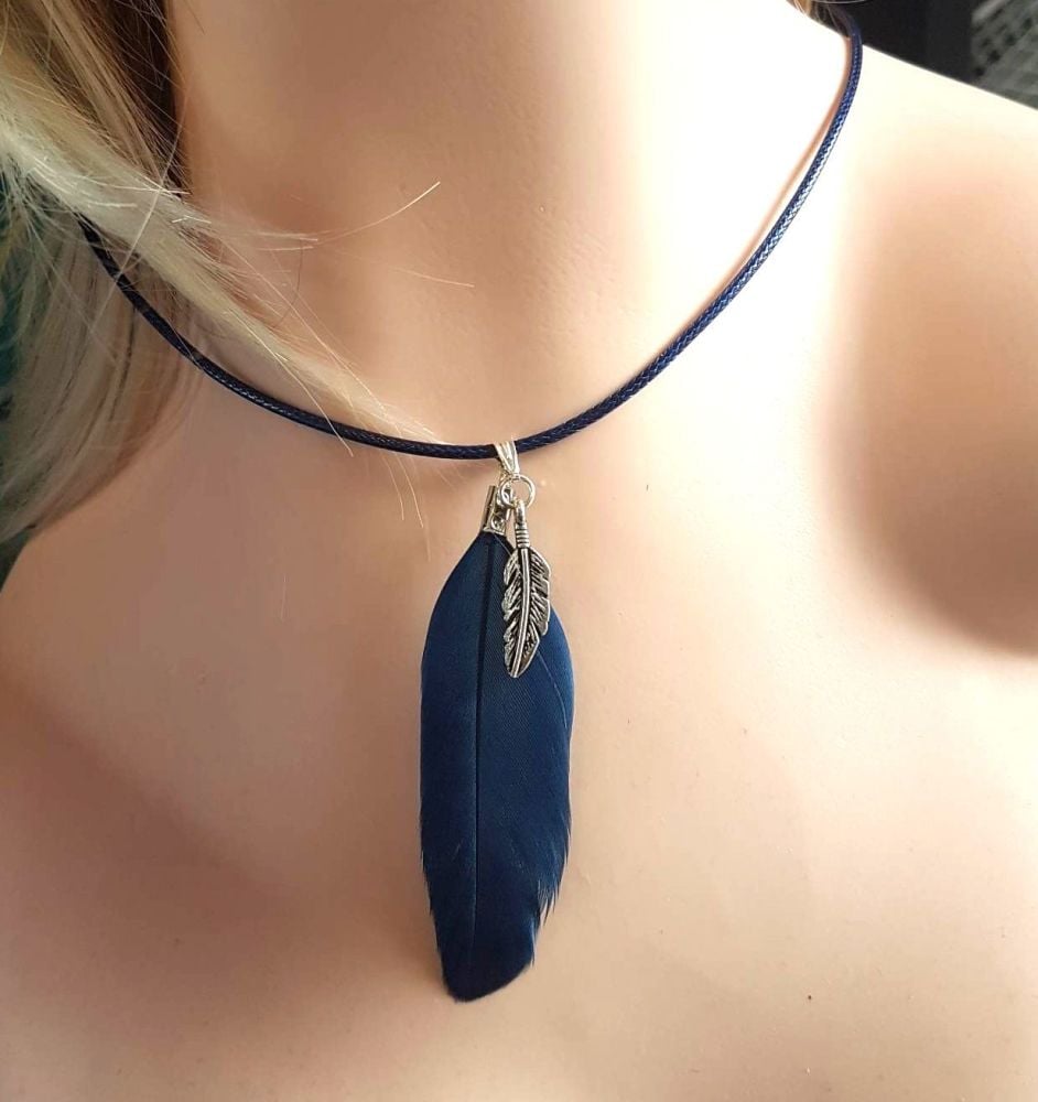 Feather Necklace in Navy Blue With Tibetan Charm