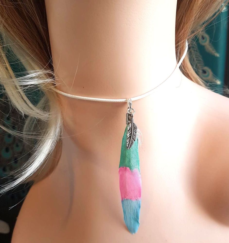 Feather Necklace in Painted in Pink, Blue and Green With Tibetan Charm