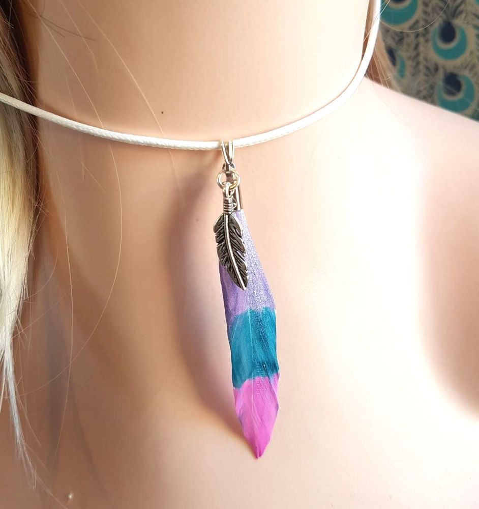 Feather Necklace in Painted in Pink, Blue and Lilac With Tibetan Charm