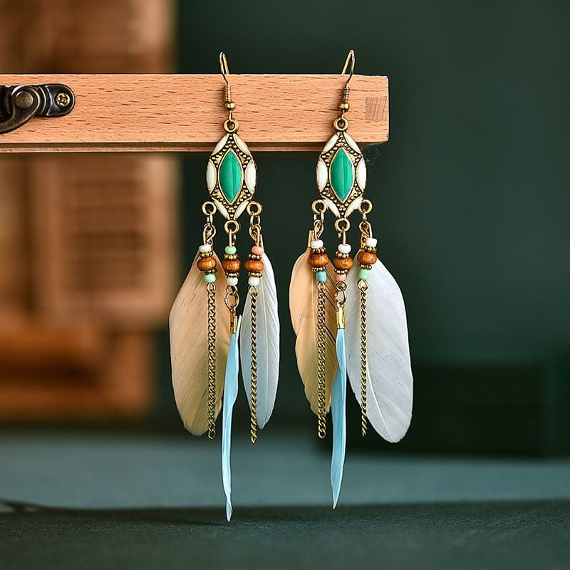 Mint, Peach and White with Gold Feather Earrings with Beads, Chain and Pend