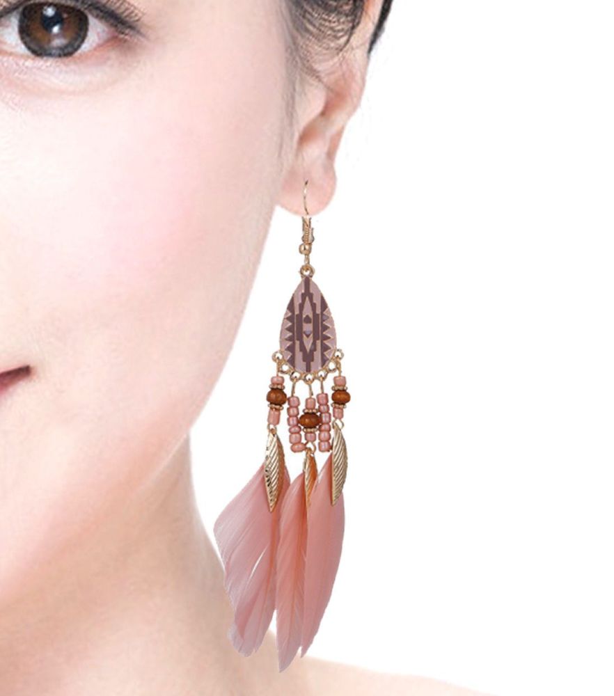 Dusky Rose Pink and Gold Feather Earrings with Beaded Tribal Detail