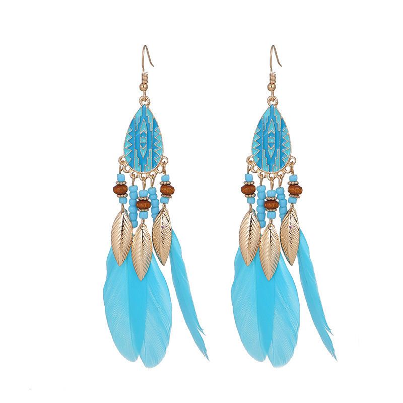 Turquoise Blue and Gold Feather Earrings with Beaded Tribal Detail