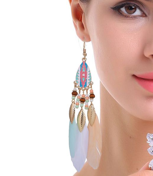 Mint, Peach, White with Gold Feather Earrings with Matching Beads, Chain an