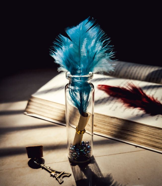 Blue feather in a glass on a table