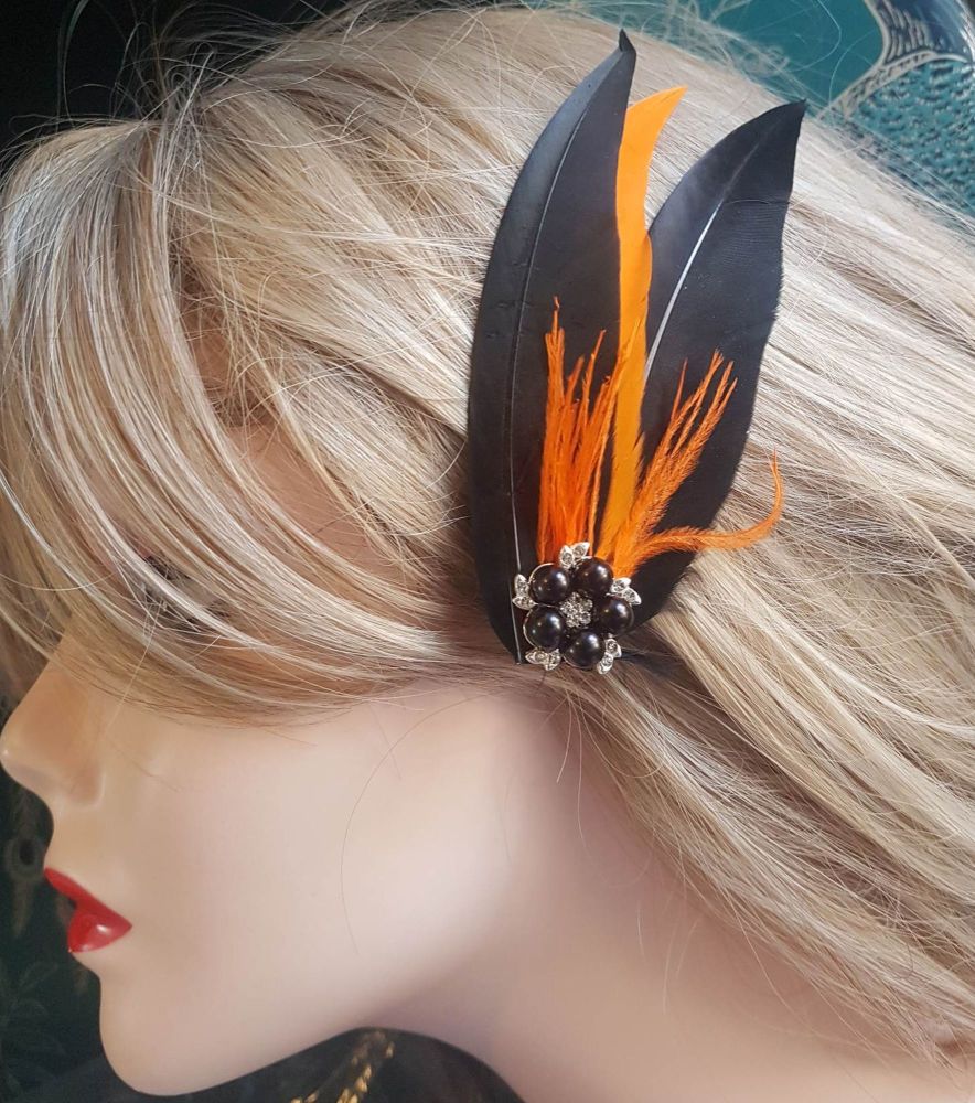 Black and Orange Feather Hair Clip, Pointed