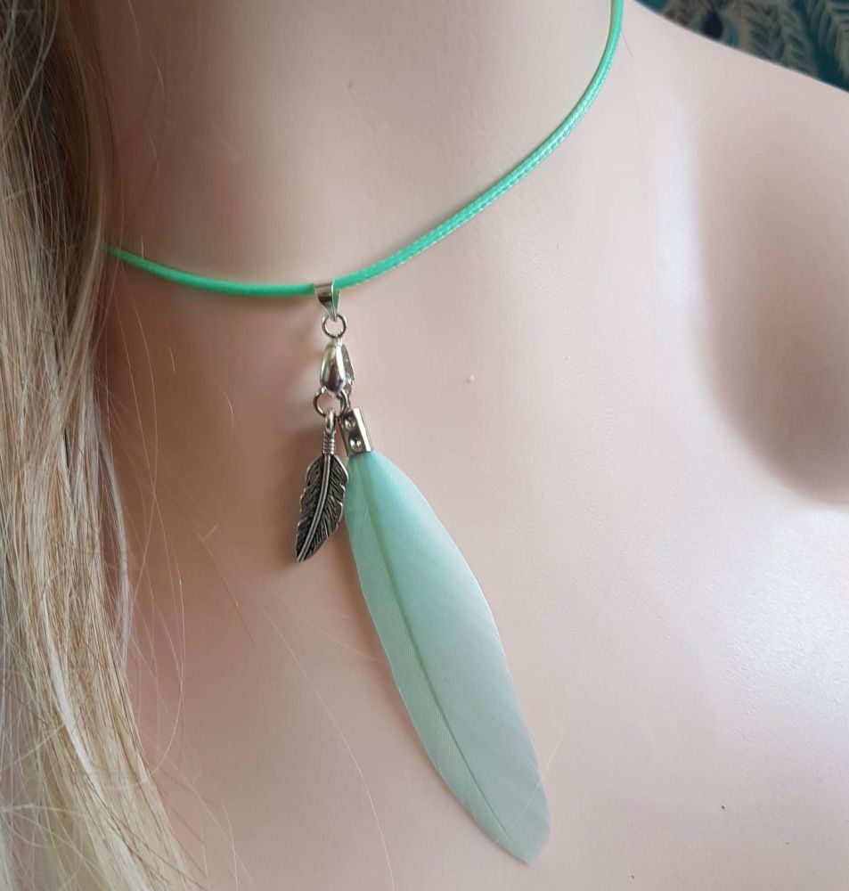 Feather Necklace in Mint Green