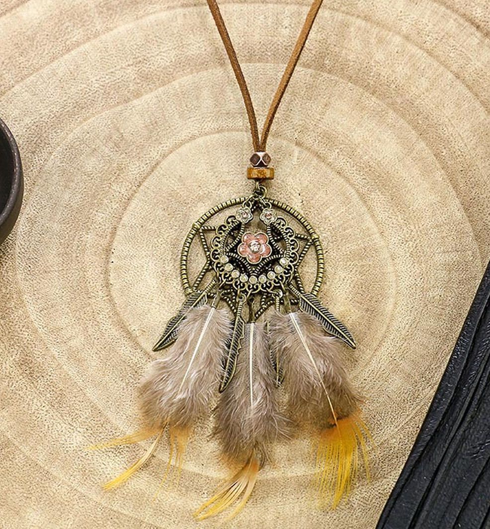 Antique Bronze Tribal Pheasant Feather Necklace