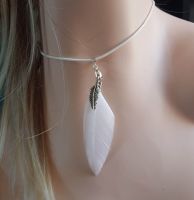 Feather Necklace in White with Tibetan Charm