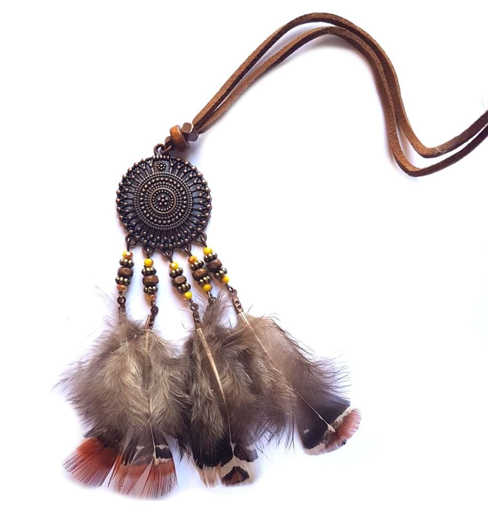 Antique Bronze Tribal Five Feather Necklace