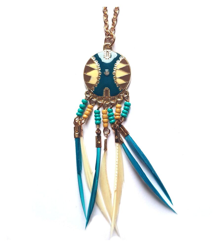 Teal Green and White Biot Feather Necklace