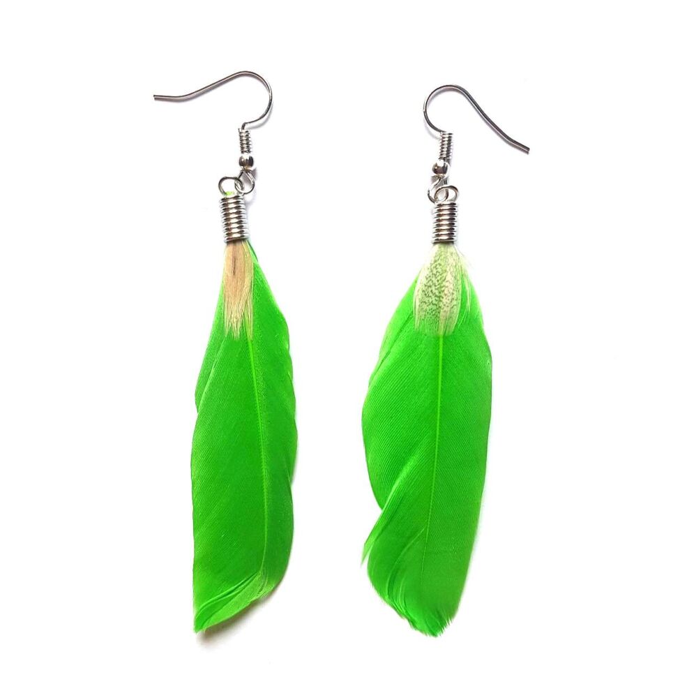 Bright Green Feather Earrings - Goose and Decorative Feathers