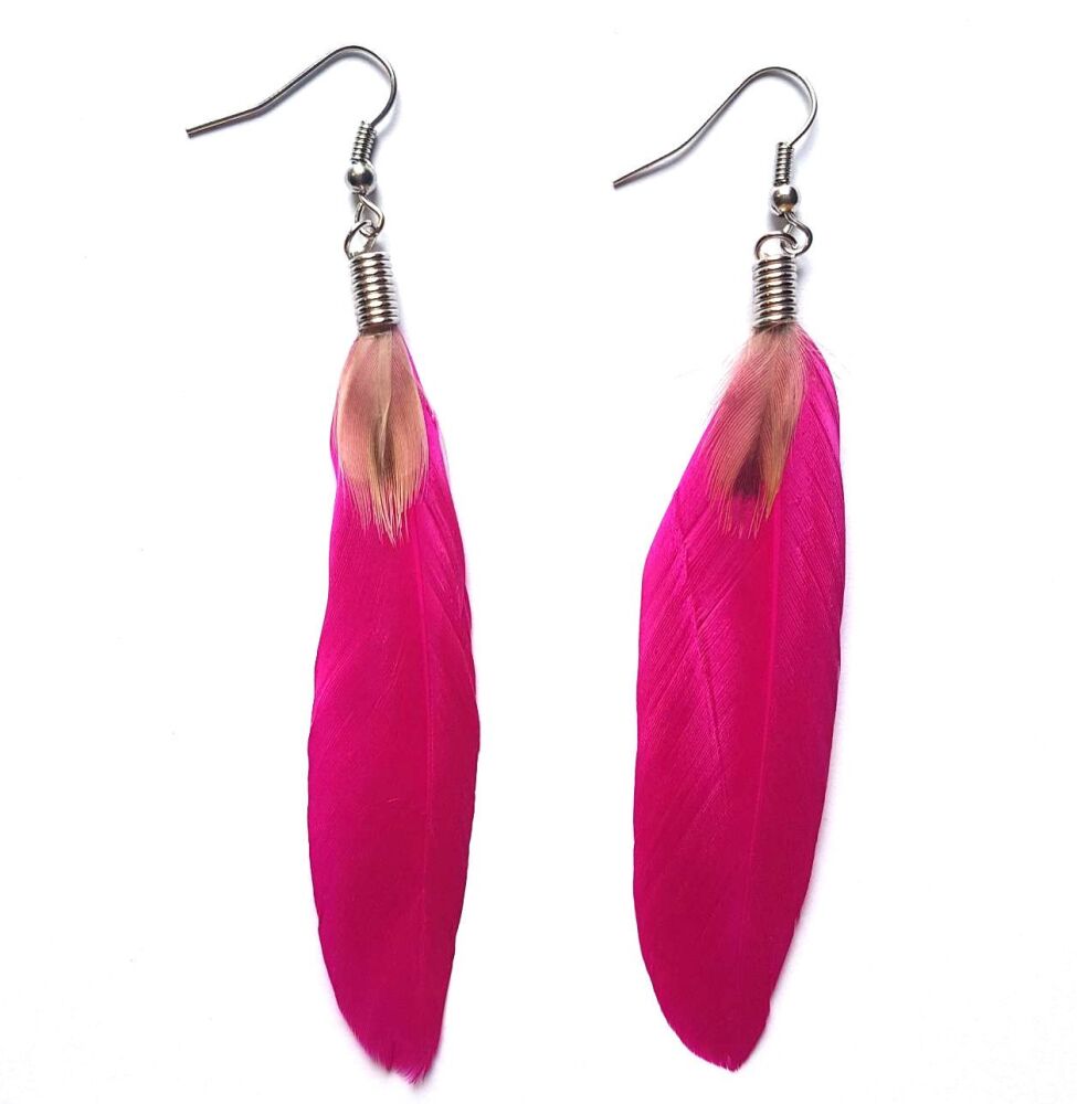 Shocking Pink Feather Earrings - Goose and Decorative Feathers