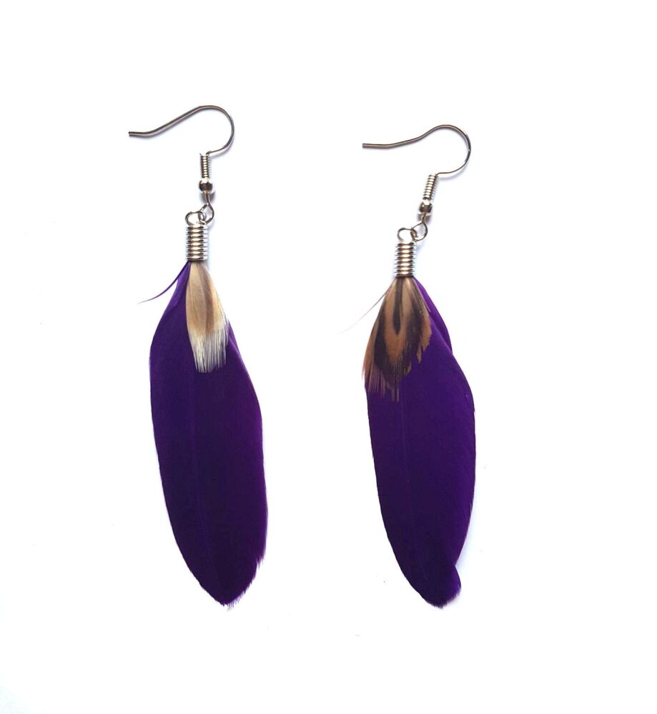 Purple Feather Earrings - Goose and Decorative Feathers