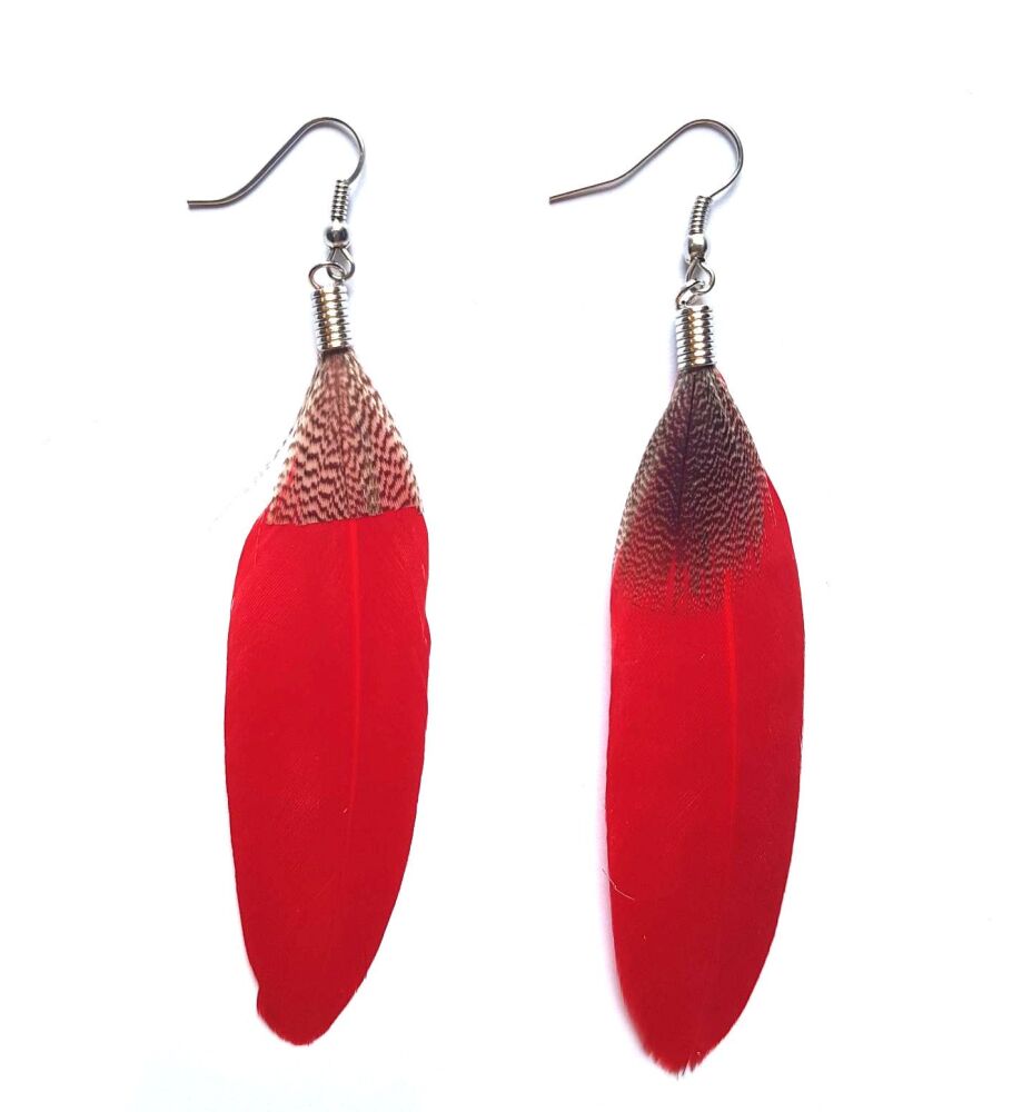 Red Feather Earrings - Goose and Decorative Feathers