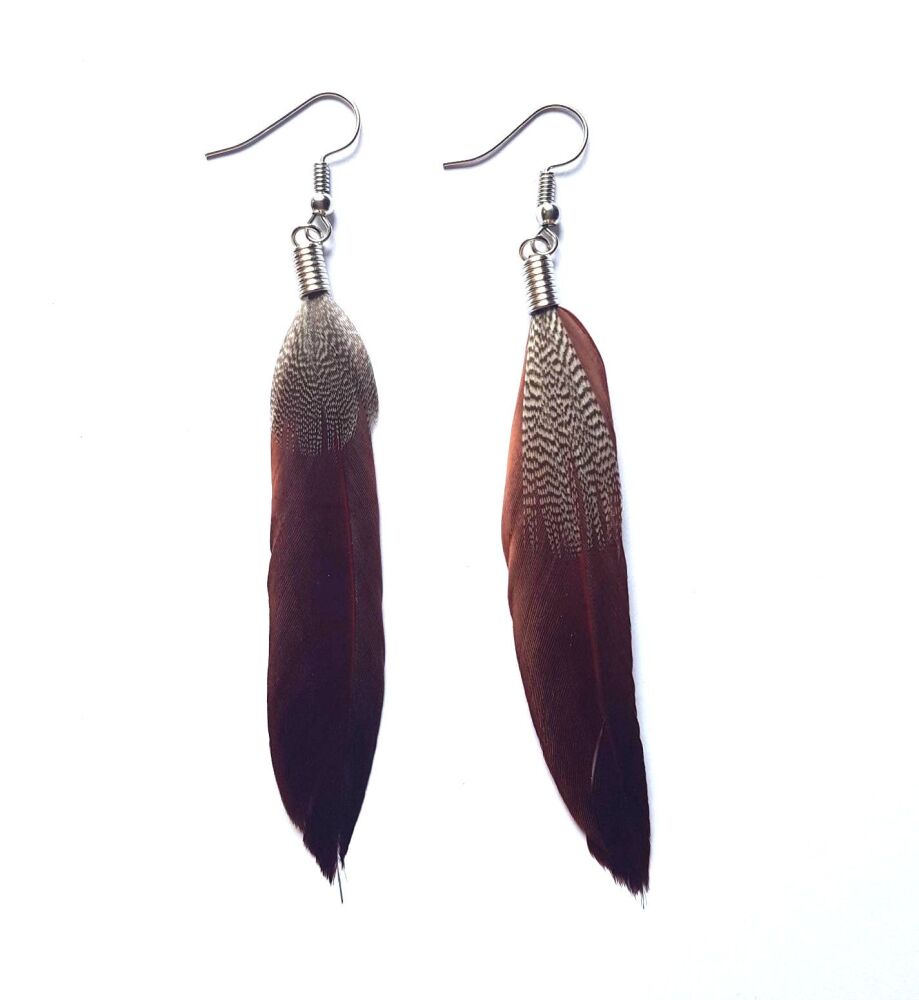 Brown Natural Feather Earrings - Goose and Decorative Feathers