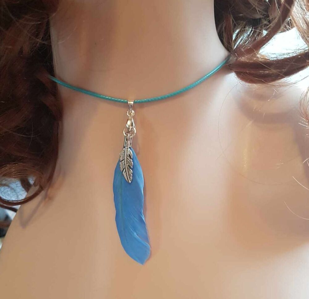 Feather Necklace in Light Blue With Tibetan Charm