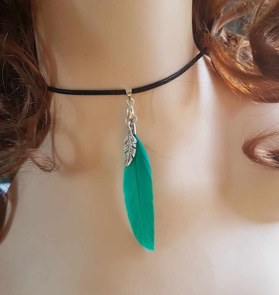 Feather Necklace in Teal Green