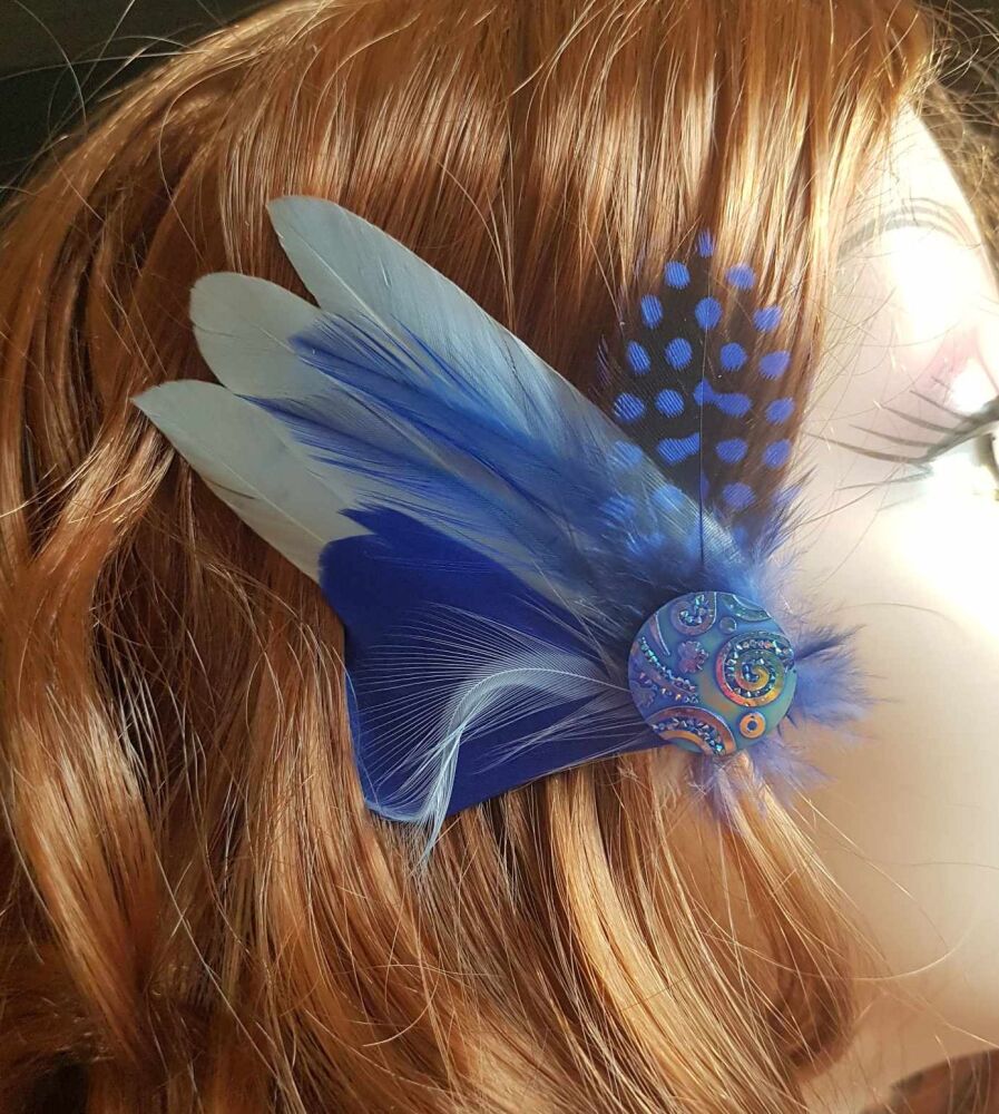 Light Blue and Royal Blue Feather Hair Clip, Buttonhole, Hat Brooch, Lapel 