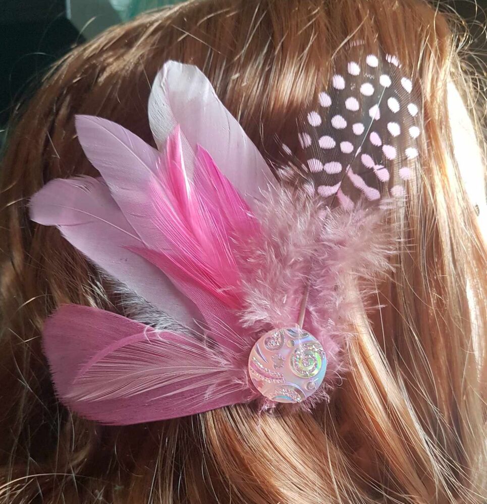 Pink Shades Feather Hair Clip, Buttonhole, Hat Brooch, Lapel Pin