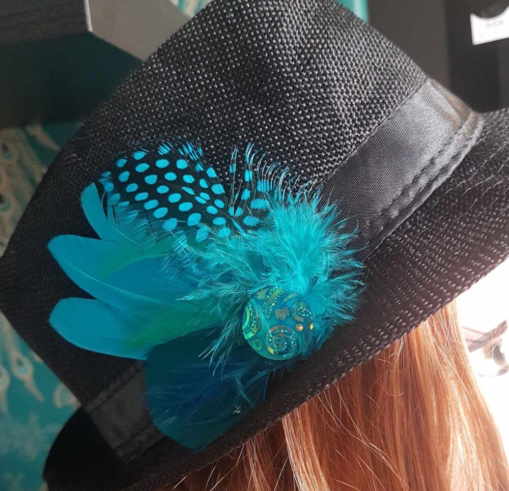 Aqua Blue and Teal Feather Hair Clip, Buttonhole, Hat Brooch, Lapel Pin