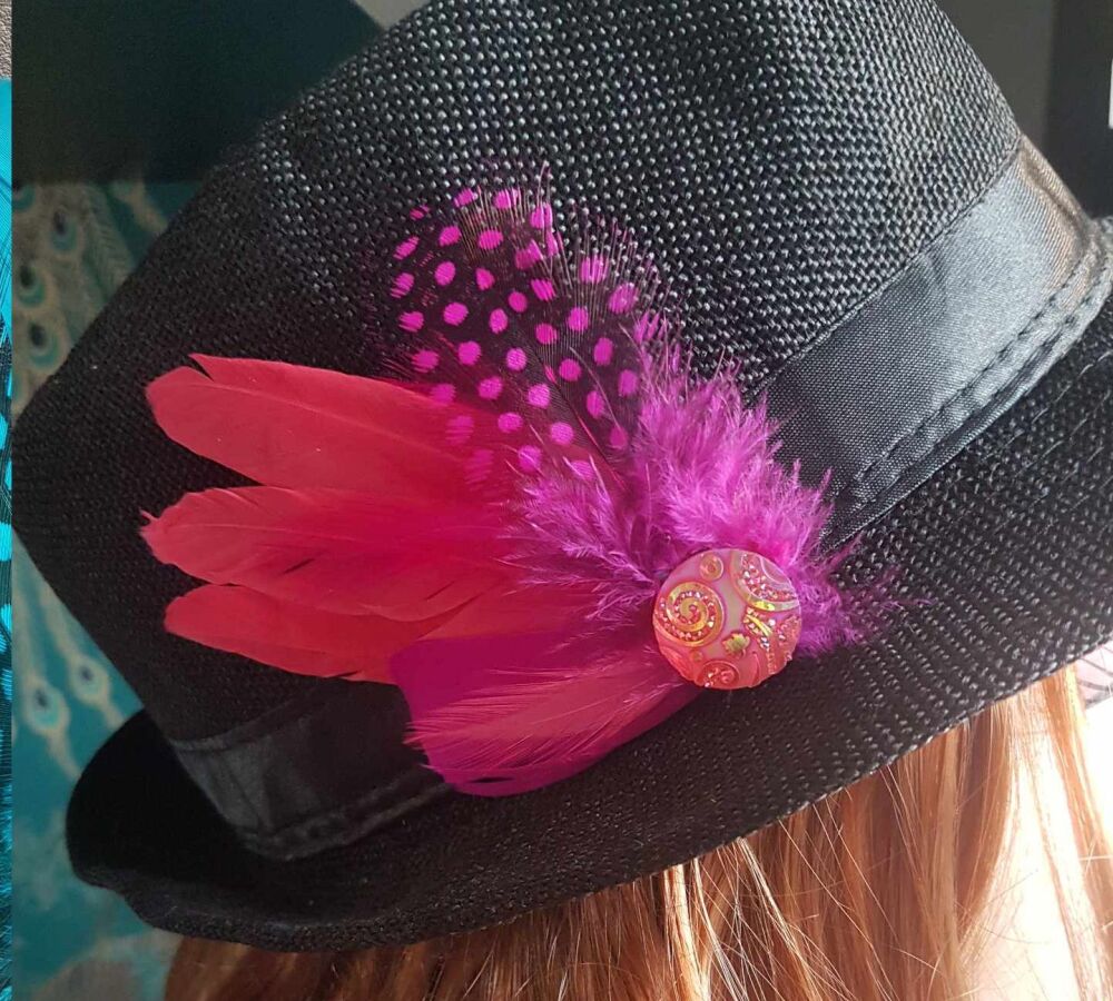 Strawberry and Shocking Pink Feather Hair Clip, Buttonhole, Hat Brooch, Lap