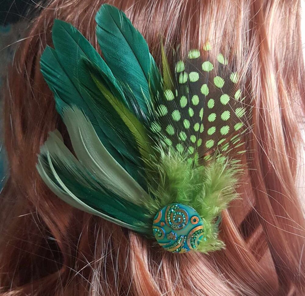 Dark Green, Olive and Lime Green Feather Hair Clip, Buttonhole, Hat Brooch,