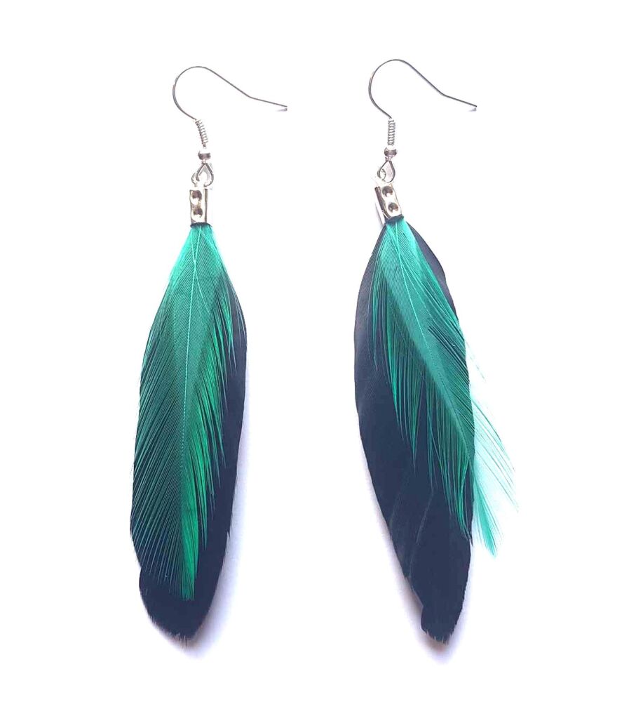 Black Feather Earrings with Green Teal Green Hackle Feathers
