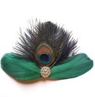 Dark Green Feather Hair Clip with Peacock Feather
