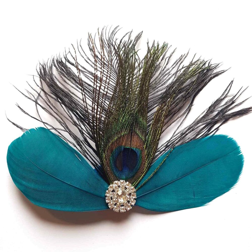 Teal Feather Hair Clip with Peacock Feather