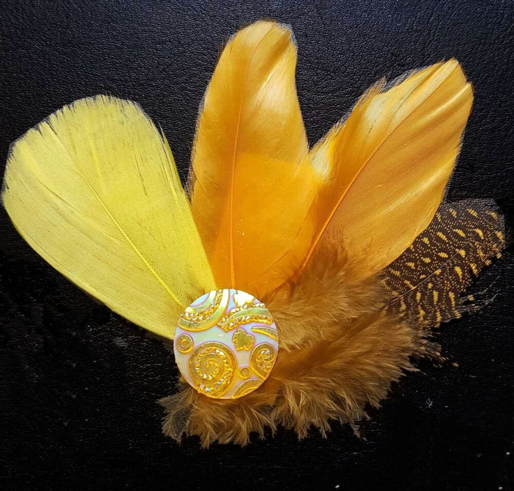Yellow and Golden Yellow Feather Hair Clip, Buttonhole, Hat Brooch, Lapel P