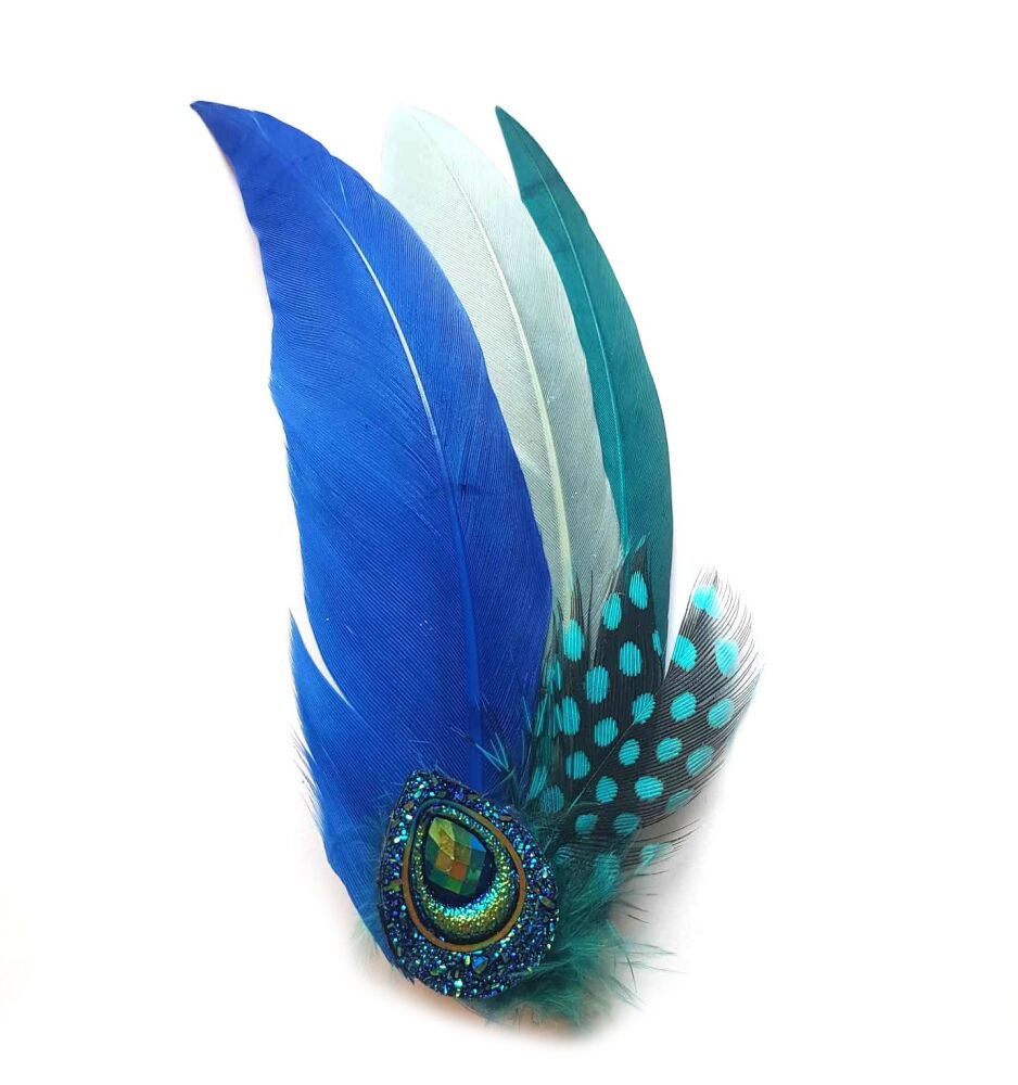 Teal and Royal Blue Feather Hair Clip, Pointed