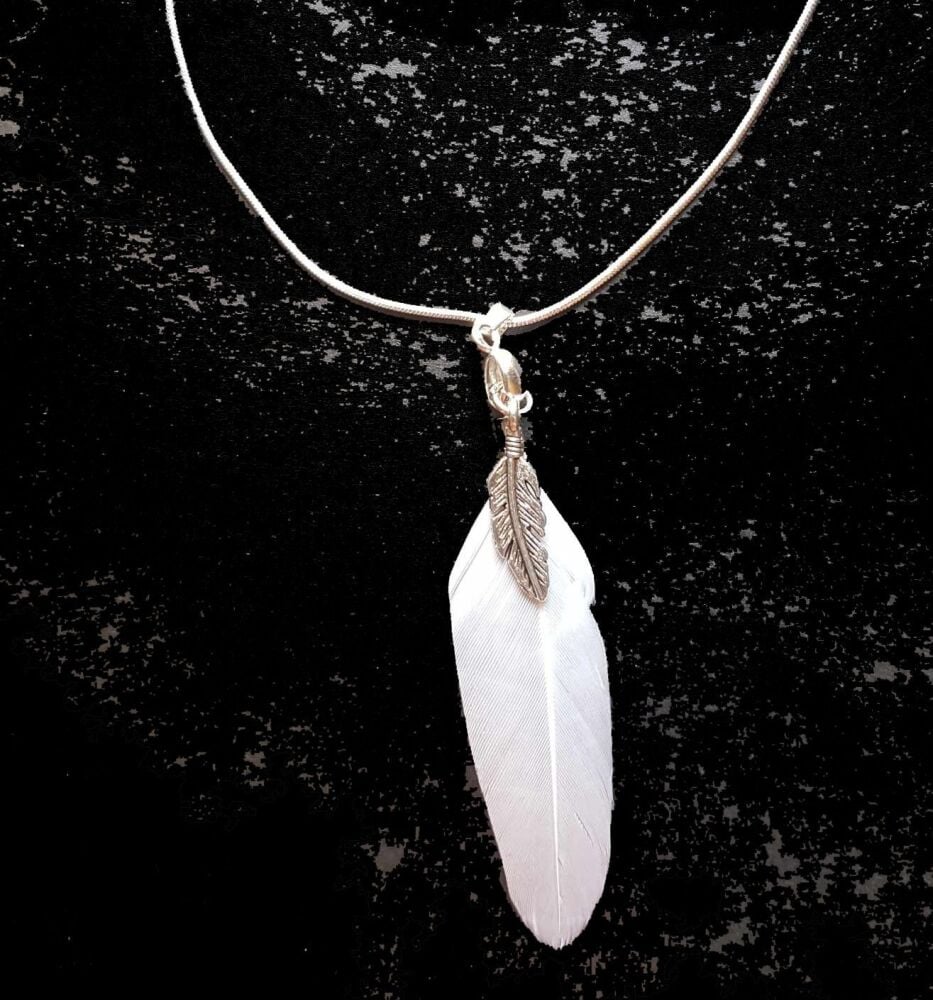 Feather Necklace in White with Tibetan Charm and Silver Necklace