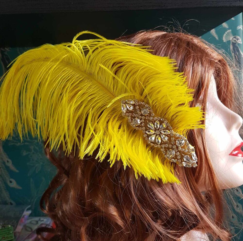 Yellow Ostrich Feather Hair Piece, Clip Style with Diamante Crystal Appliqu