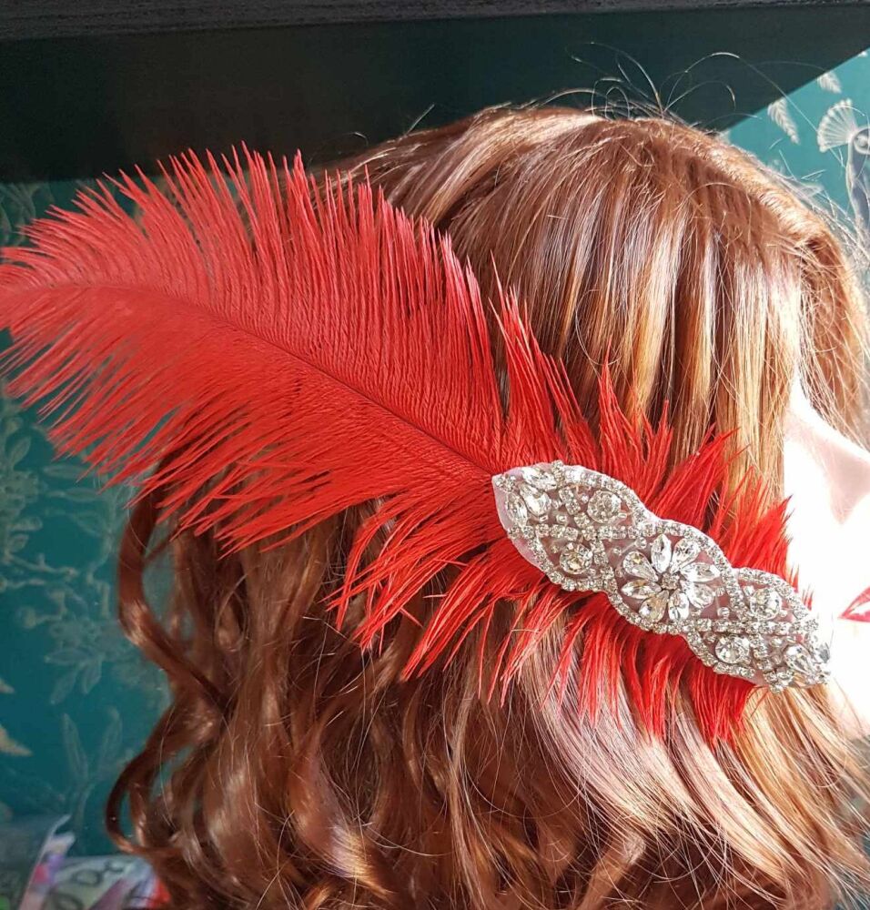 Red Ostrich Feather Hair Piece, Clip Style with Diamante Crystal Applique