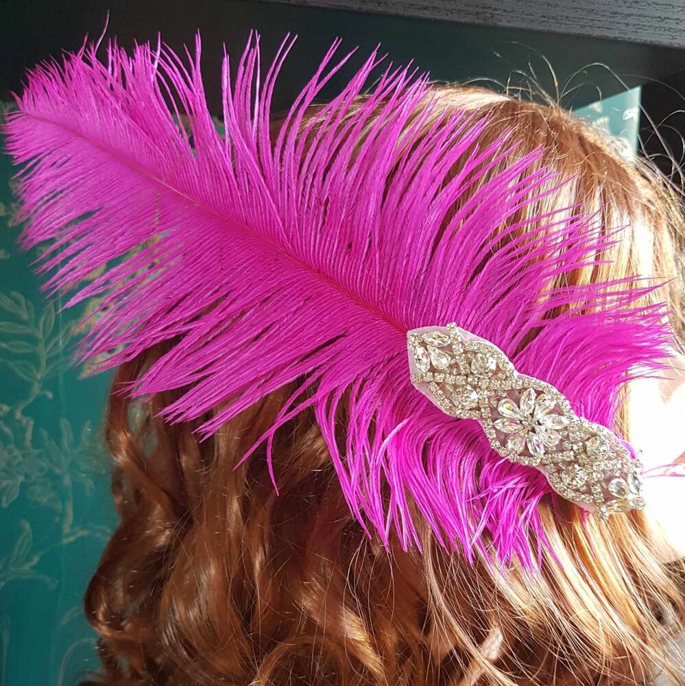 Shocking Pink Ostrich Feather Hair Piece, Clip Style with Diamante Crystal Applique