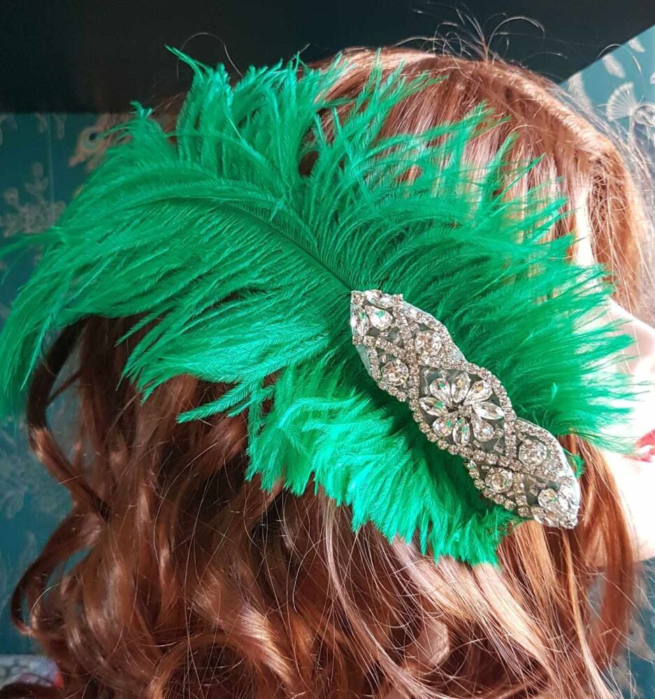 Green Ostrich Feather Hair Piece, Clip Style with Diamante Crystal Applique