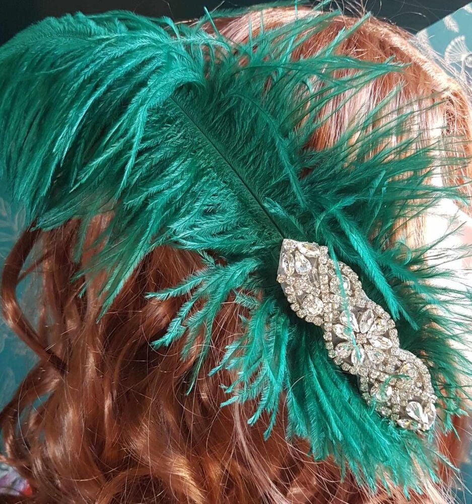 Dark Green Ostrich Feather Hair Piece, Clip Style with Diamante Crystal Applique