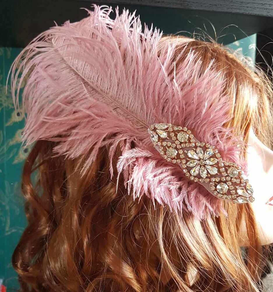 Rose Pink Ostrich Feather Hair Piece, Clip Style with Diamante Crystal Appl