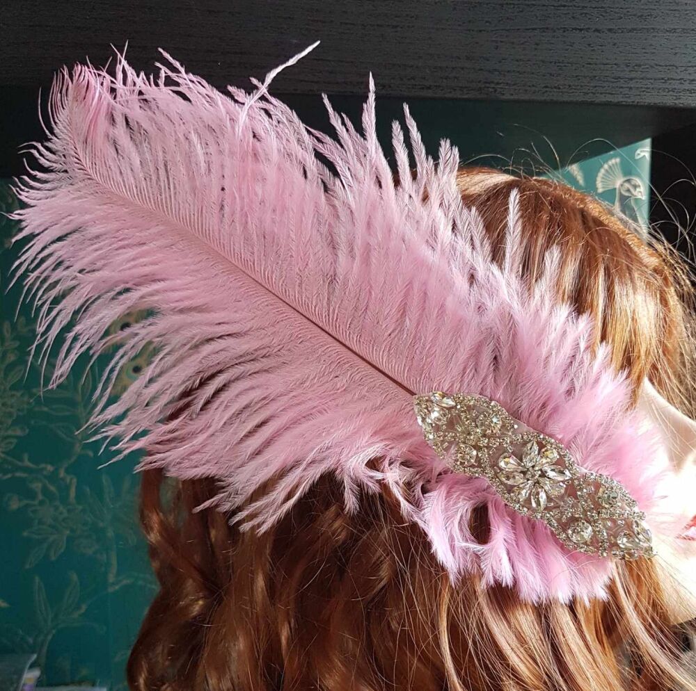 Baby Pink Ostrich Feather Hair Piece, Clip Style with Diamante Crystal Appl
